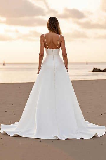 White A Line Long Wedding Dress with Slit